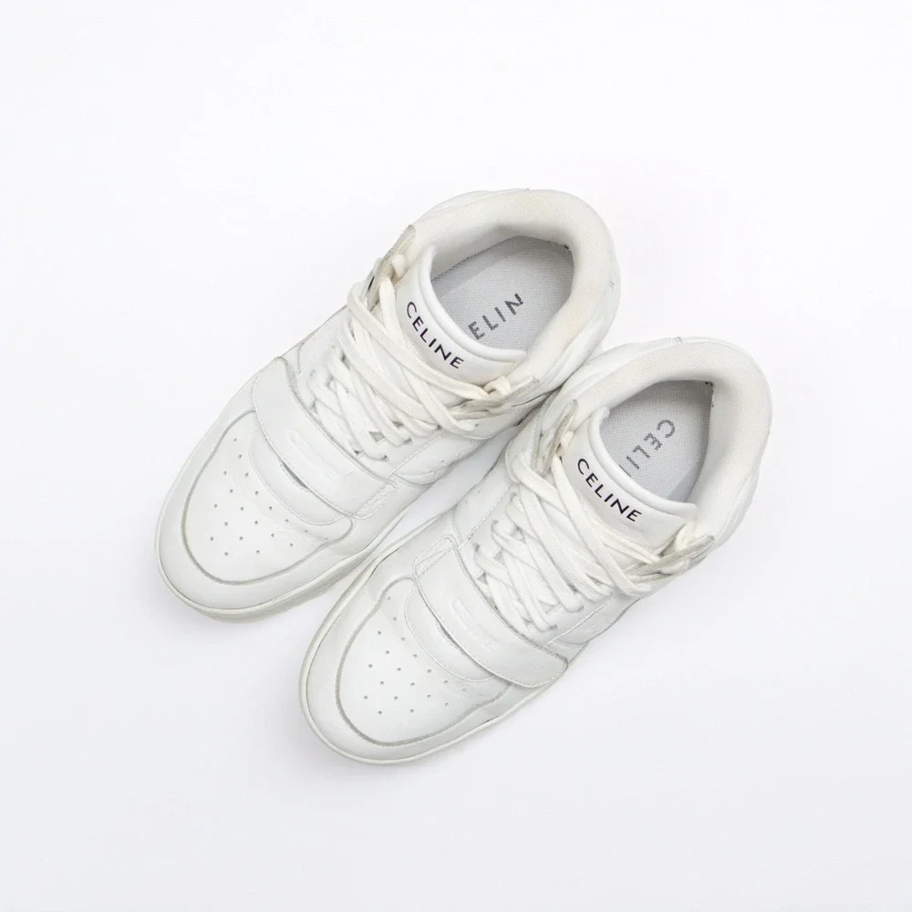 CELINE CT-02 Womens White Calf‎ Leather High-Top Logo Sneakers SIZE 37 EU / 7 US